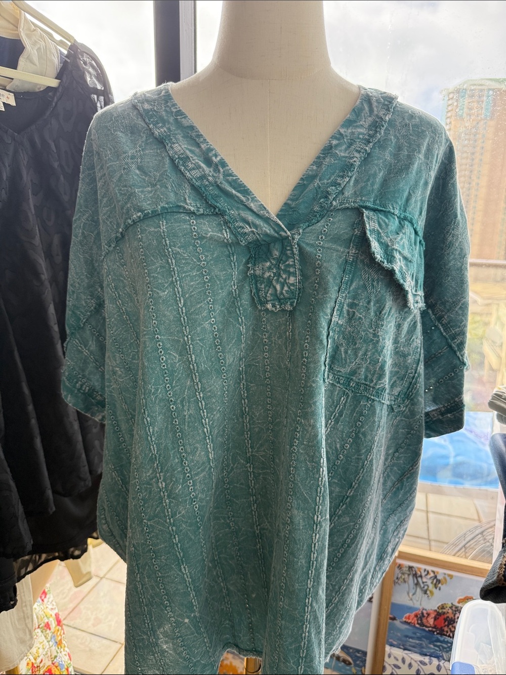 J. Her Washed Teal V-Neck Short Sleeve Blouse with Chest Pocket